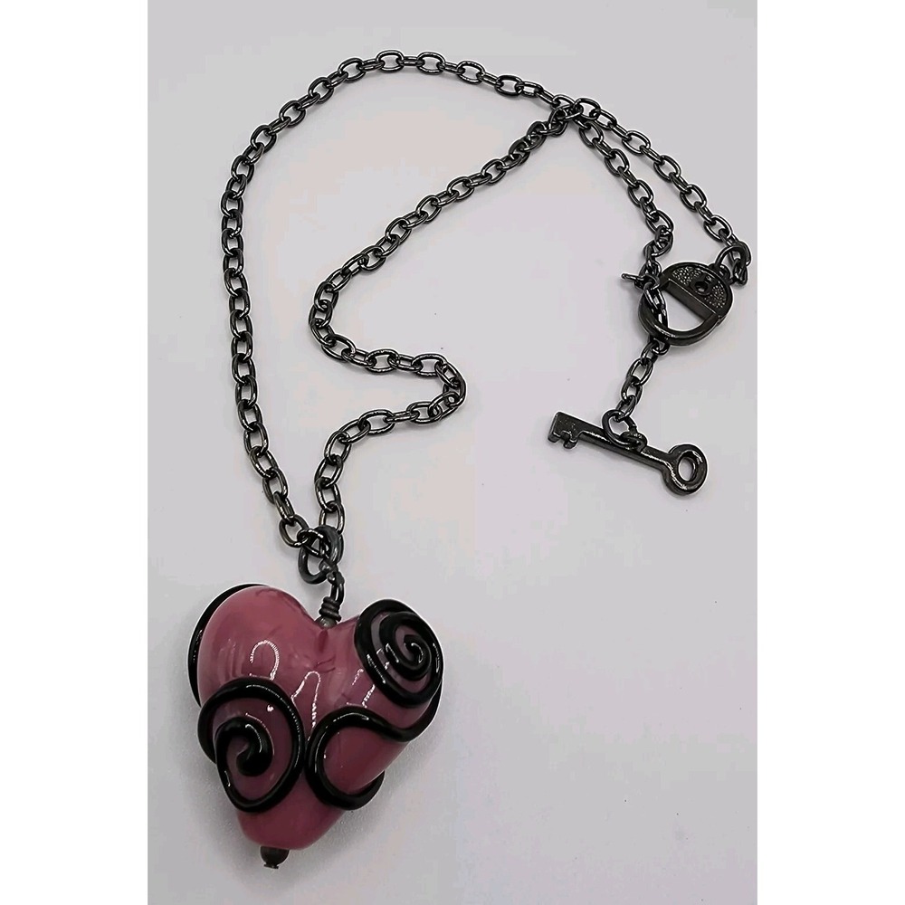 Pink Artisan Glass Heart Swirl Pendant Padlock Key Valentines Day Vintage Goth - Picture 3 of 16